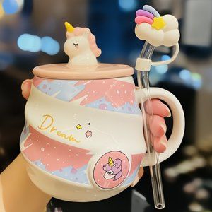 Unicorn Mug with Rainbow Cloud Straw | Adult Mug Kids Travel Cup Ceramic #1390
